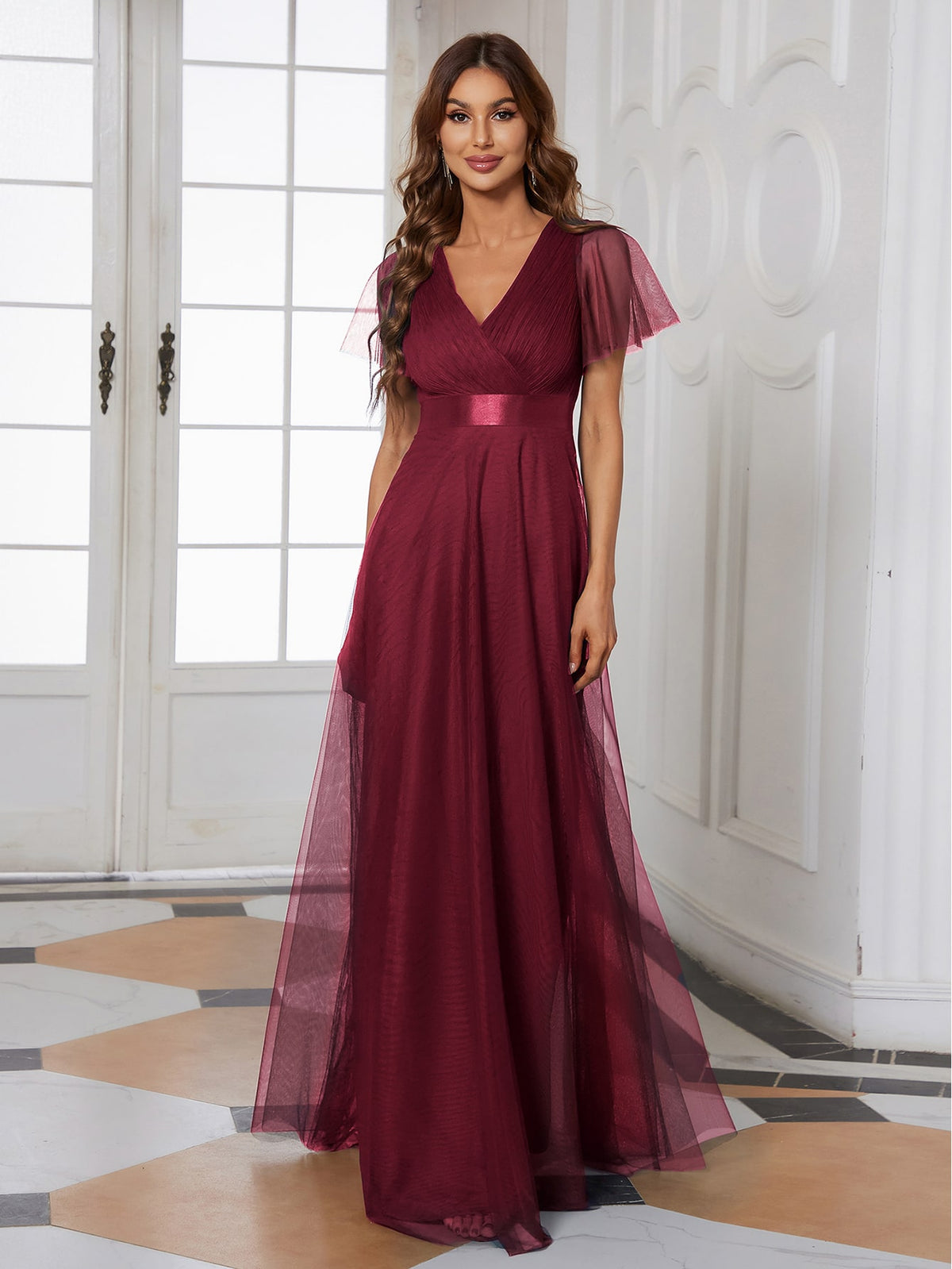 EVER-PRETTY Low Back Surplice Neck Ruched Mesh Prom Dress