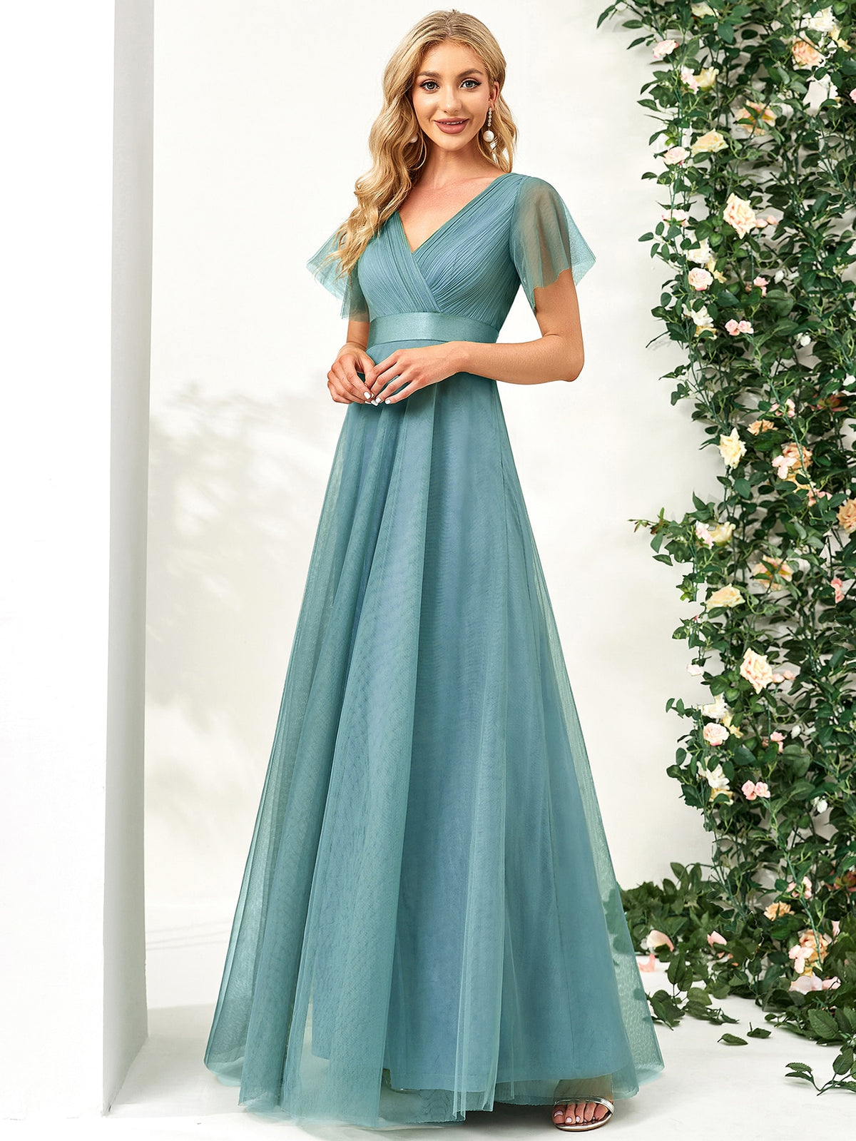 EVER-PRETTY Low Back Surplice Neck Ruched Mesh Prom Dress