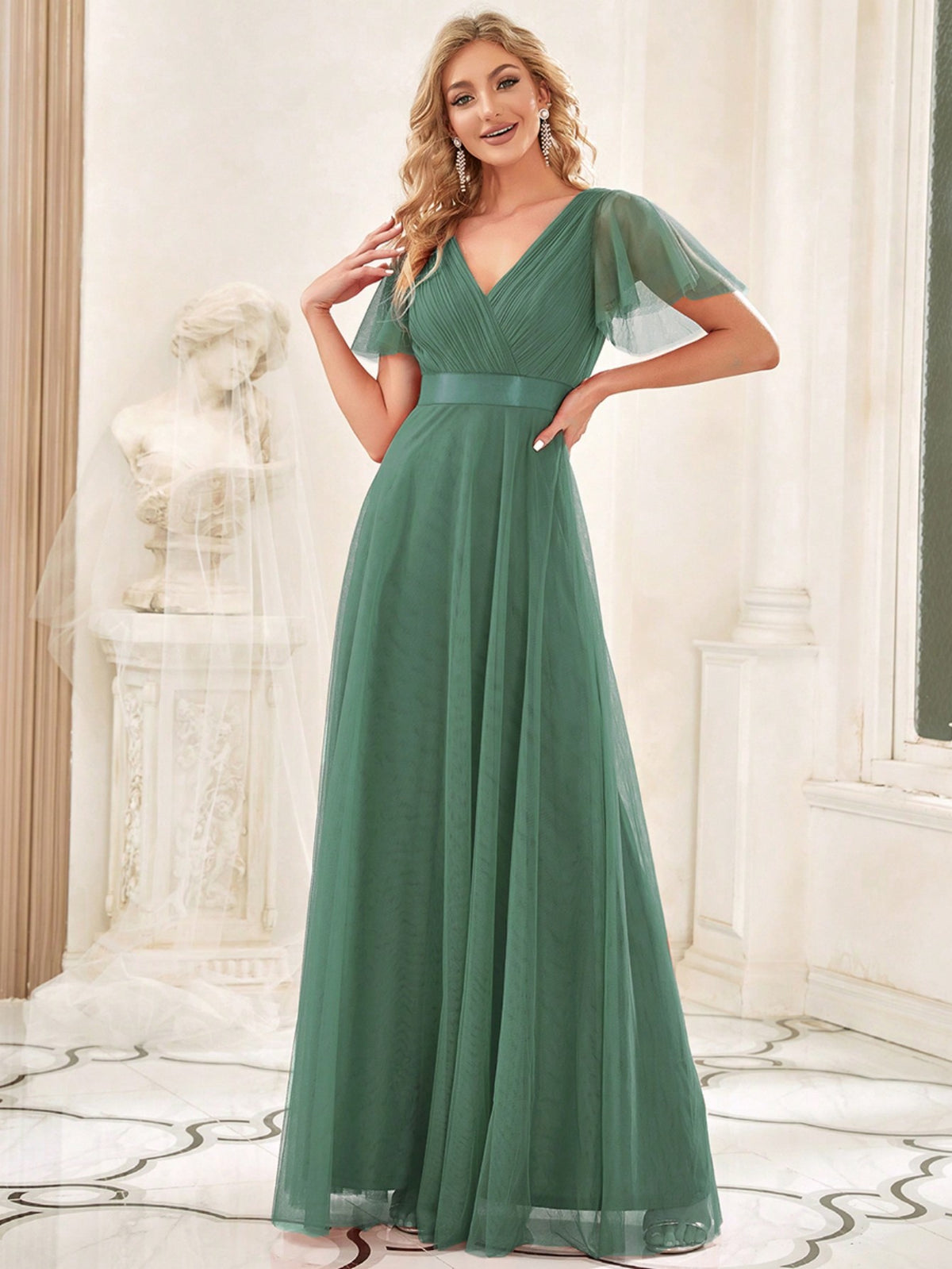 EVER-PRETTY Low Back Surplice Neck Ruched Mesh Prom Dress