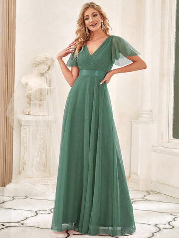 EVER-PRETTY Low Back Surplice Neck Ruched Mesh Prom Dress