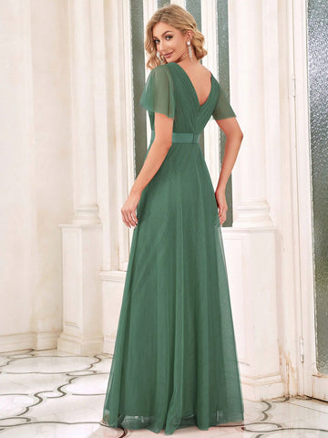 EVER-PRETTY Low Back Surplice Neck Ruched Mesh Prom Dress