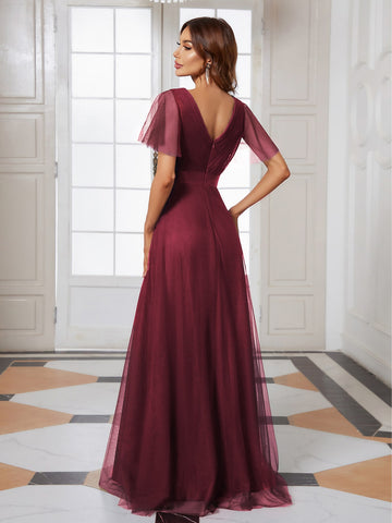 EVER-PRETTY Low Back Surplice Neck Ruched Mesh Prom Dress