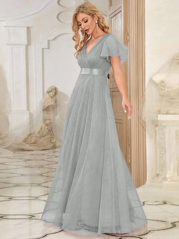 EVER-PRETTY Low Back Surplice Neck Ruched Mesh Prom Dress