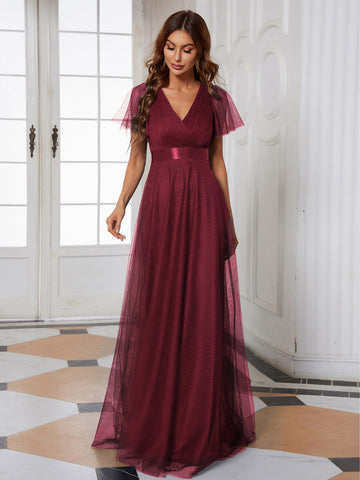 EVER-PRETTY Low Back Surplice Neck Ruched Mesh Prom Dress
