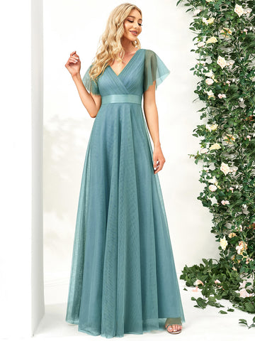 EVER-PRETTY Low Back Surplice Neck Ruched Mesh Prom Dress