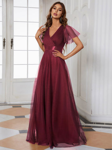 EVER-PRETTY Low Back Surplice Neck Ruched Mesh Prom Dress