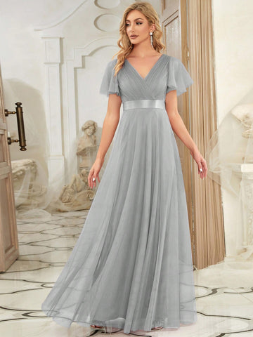 EVER-PRETTY Low Back Surplice Neck Ruched Mesh Prom Dress
