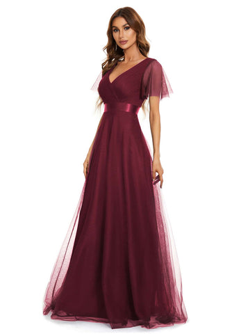 EVER-PRETTY Low Back Surplice Neck Ruched Mesh Prom Dress