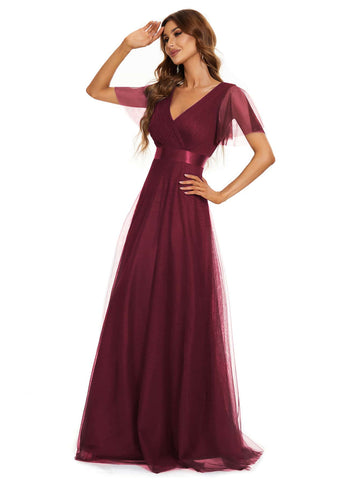 EVER-PRETTY Low Back Surplice Neck Ruched Mesh Prom Dress