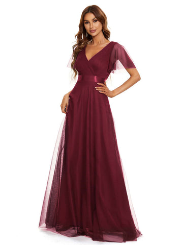 EVER-PRETTY Low Back Surplice Neck Ruched Mesh Prom Dress