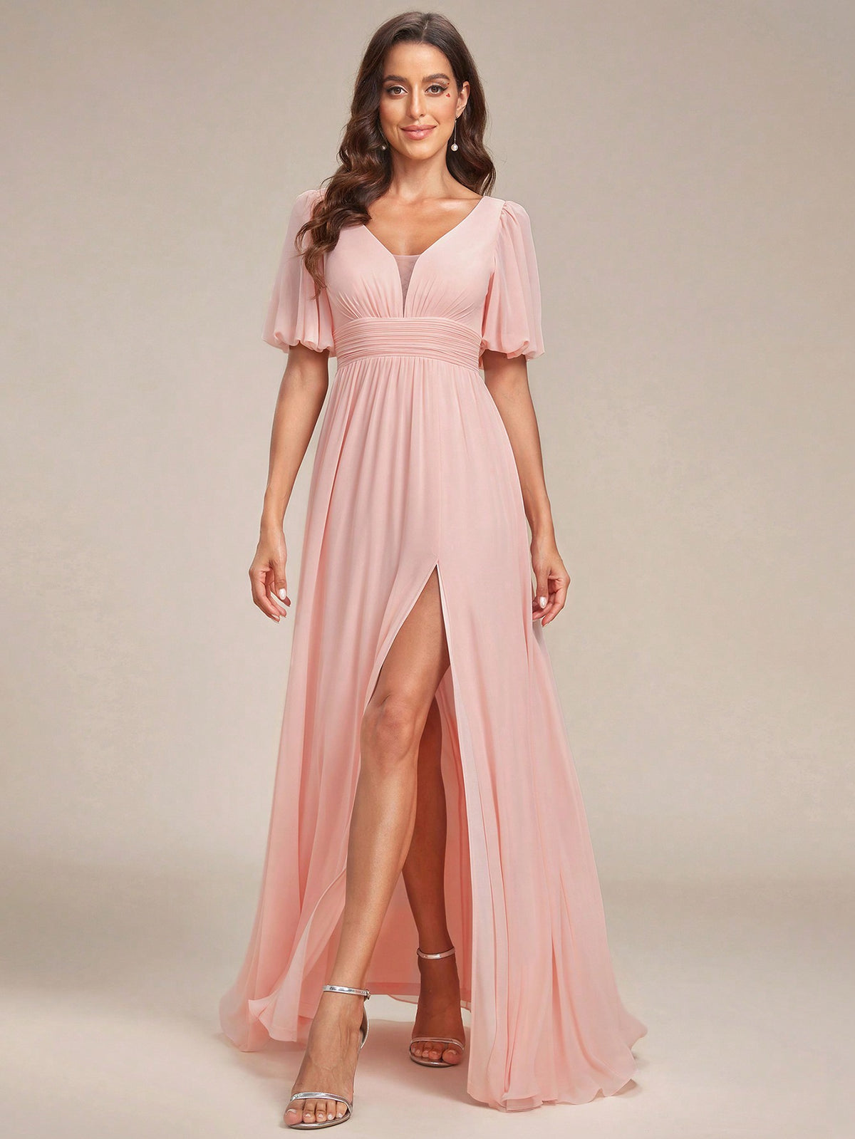 EVER-PRETTY Mesh Insert Split Thigh Chiffon Bridesmaid Dress
