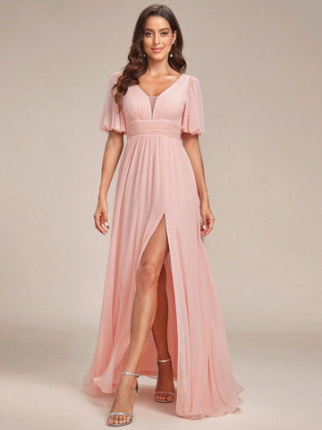 EVER-PRETTY Mesh Insert Split Thigh Chiffon Bridesmaid Dress