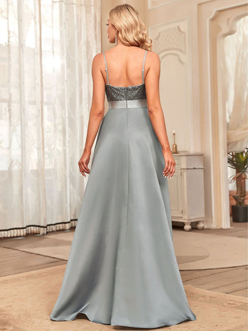 EVER-PRETTY Mesh Panel High Low Hem Sequin Bridesmaid Dress
