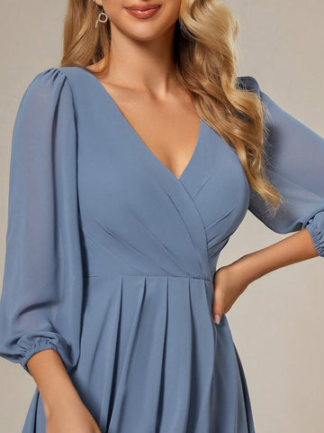 EVER-PRETTY Misty Blue Elegant And Qualify V-neck Bridesmaid Dress