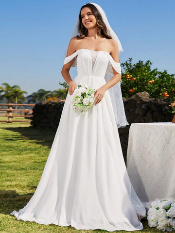 EVER-PRETTY Off Shoulder Contrast Crisscross Backless Wedding Dress