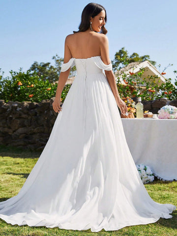 EVER-PRETTY Off Shoulder Contrast Crisscross Backless Wedding Dress
