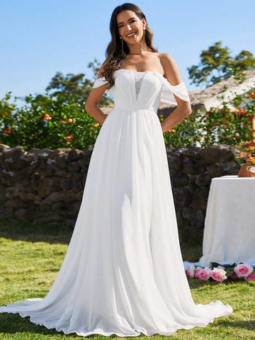 EVER-PRETTY Off Shoulder Contrast Crisscross Backless Wedding Dress