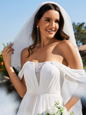 EVER-PRETTY Off Shoulder Contrast Crisscross Backless Wedding Dress