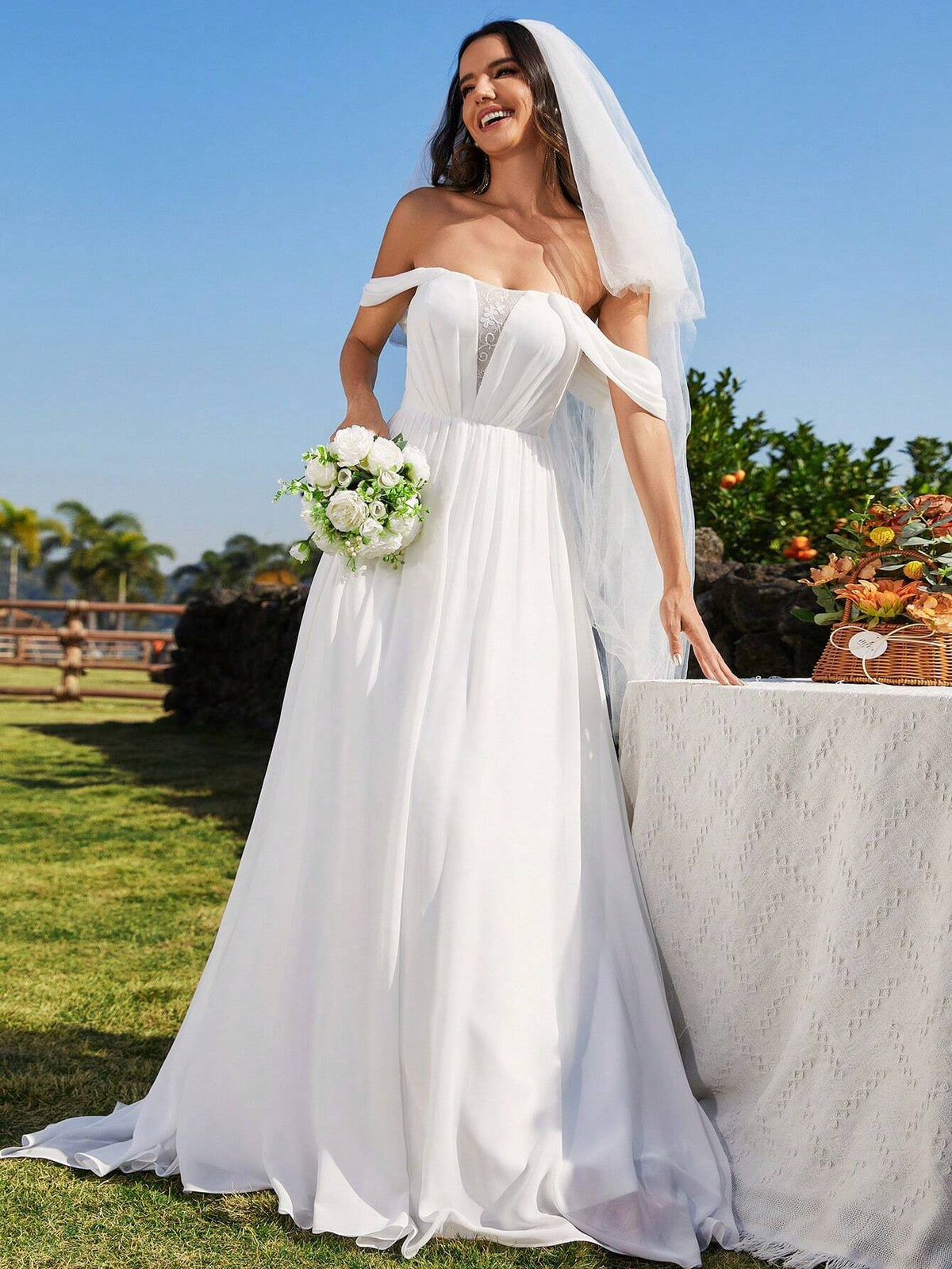EVER-PRETTY Off Shoulder Contrast Crisscross Backless Wedding Dress