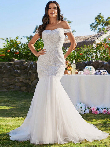 EVER-PRETTY Off Shoulder Embroidery Lace Splicing Mermaid Wedding Dress