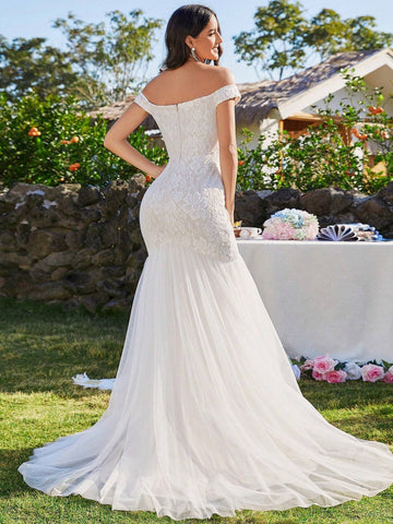 EVER-PRETTY Off Shoulder Embroidery Lace Splicing Mermaid Wedding Dress