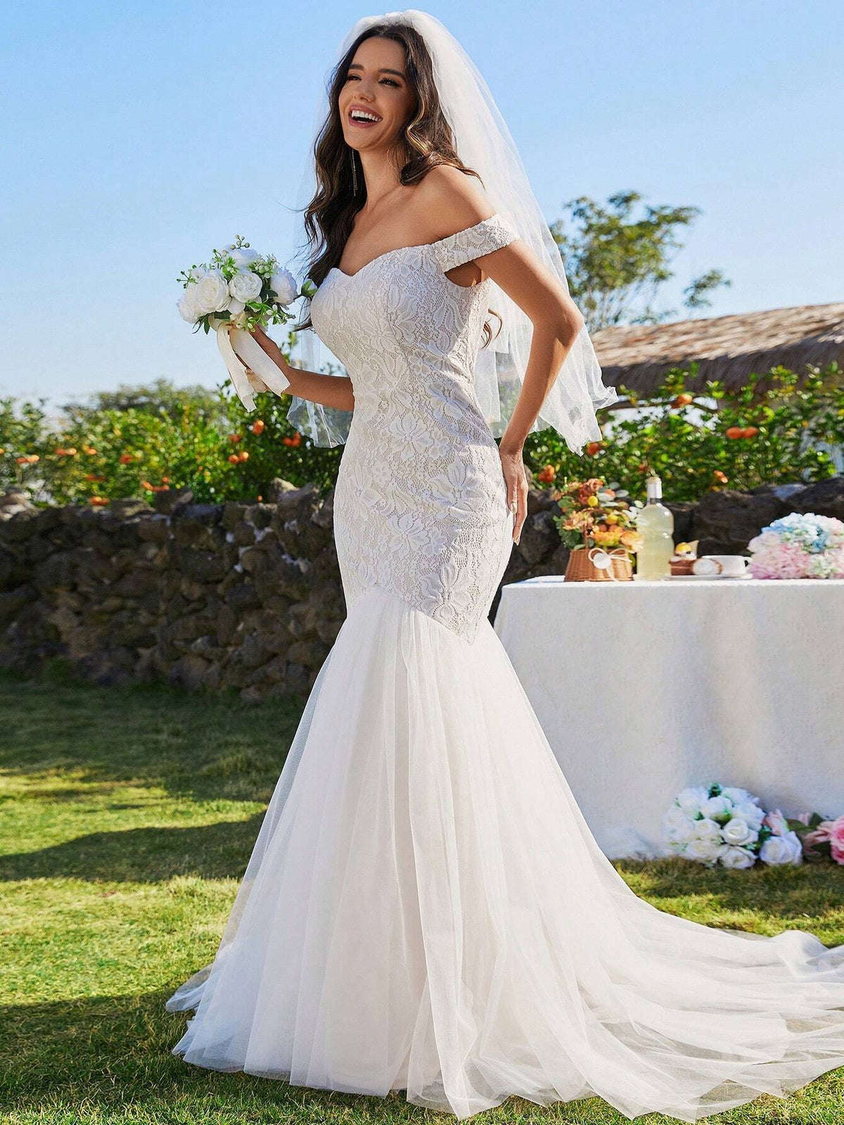 EVER-PRETTY Off Shoulder Embroidery Lace Splicing Mermaid Wedding Dress