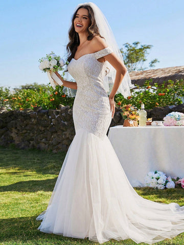 EVER-PRETTY Off Shoulder Embroidery Lace Splicing Mermaid Wedding Dress