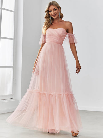 EVER-PRETTY Off Shoulder Frilled Ruffle Hem Mesh Bridesmaid Dress