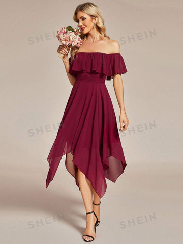 EVER-PRETTY Off Shoulder Hanky Hem Chiffon Bridesmaid Dress