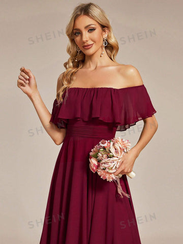 EVER-PRETTY Off Shoulder Hanky Hem Chiffon Bridesmaid Dress