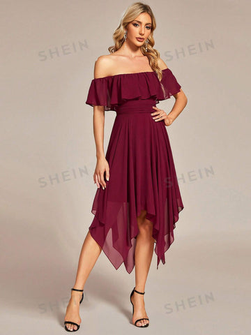 EVER-PRETTY Off Shoulder Hanky Hem Chiffon Bridesmaid Dress