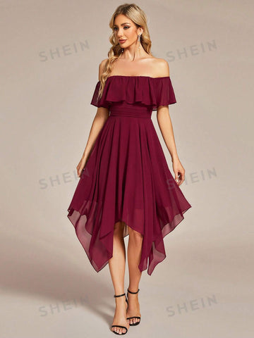 EVER-PRETTY Off Shoulder Hanky Hem Chiffon Bridesmaid Dress