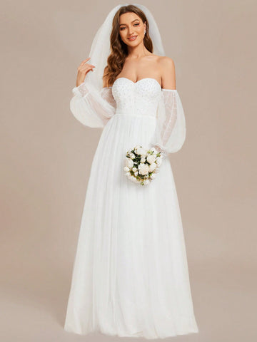 EVER-PRETTY Off Shoulder Pearl Puff Sleeves Sexy Elegant Wedding Dress