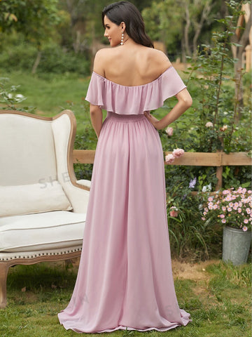EVER-PRETTY Off Shoulder Ruffle Detail Split Thigh Ruched Waist Bridesmaid Dress