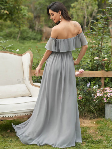 EVER-PRETTY Off Shoulder Ruffle Detail Split Thigh Ruched Waist Bridesmaid Dress