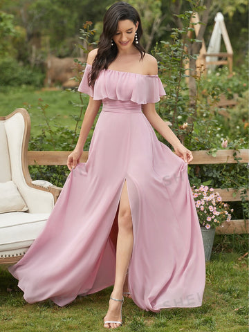 EVER-PRETTY Off Shoulder Ruffle Detail Split Thigh Ruched Waist Bridesmaid Dress