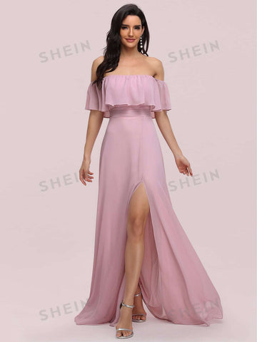 EVER-PRETTY Off Shoulder Ruffle Detail Split Thigh Ruched Waist Bridesmaid Dress