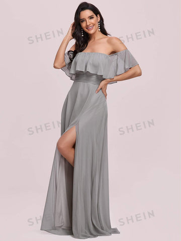 EVER-PRETTY Off Shoulder Ruffle Detail Split Thigh Ruched Waist Bridesmaid Dress