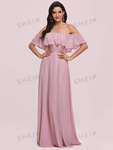 EVER-PRETTY Off Shoulder Ruffle Detail Split Thigh Ruched Waist Bridesmaid Dress