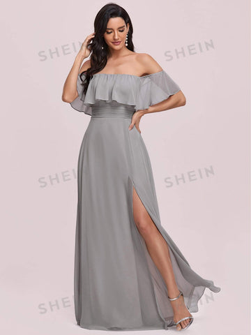 EVER-PRETTY Off Shoulder Ruffle Detail Split Thigh Ruched Waist Bridesmaid Dress