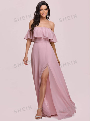 EVER-PRETTY Off Shoulder Ruffle Detail Split Thigh Ruched Waist Bridesmaid Dress