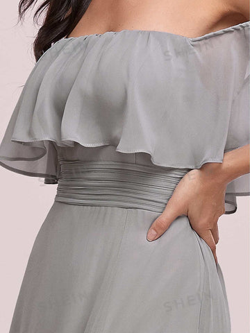 EVER-PRETTY Off Shoulder Ruffle Detail Split Thigh Ruched Waist Bridesmaid Dress
