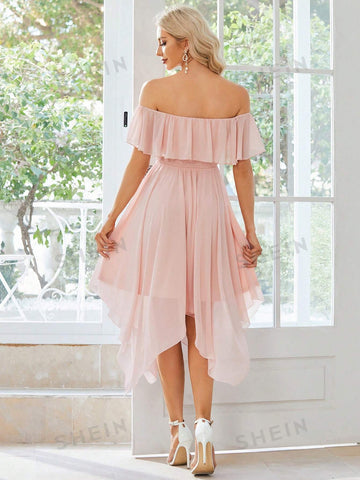 EVER-PRETTY Off Shoulder Ruffle Trim Asymmetrical Hem Bridesmaid Dress