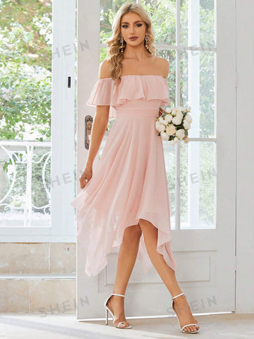 EVER-PRETTY Off Shoulder Ruffle Trim Asymmetrical Hem Bridesmaid Dress