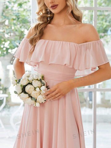 EVER-PRETTY Off Shoulder Ruffle Trim Asymmetrical Hem Bridesmaid Dress