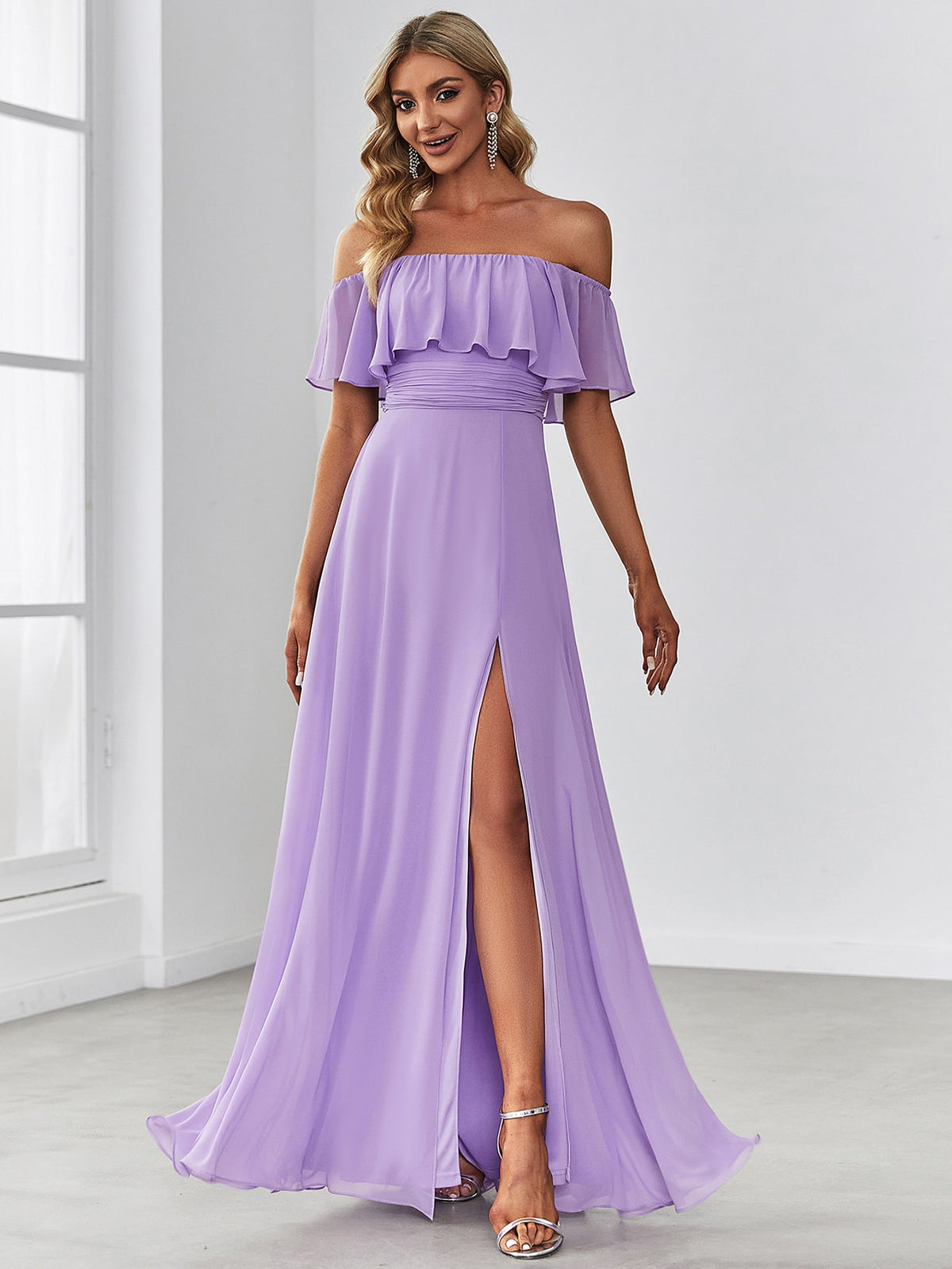 EVER-PRETTY Off Shoulder Ruffle Trim Split Thigh Chiffon Bridesmaid Dress