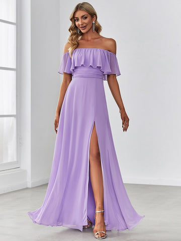EVER-PRETTY Off Shoulder Ruffle Trim Split Thigh Chiffon Bridesmaid Dress