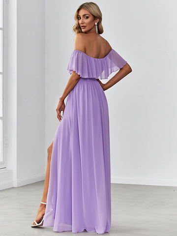 EVER-PRETTY Off Shoulder Ruffle Trim Split Thigh Chiffon Bridesmaid Dress