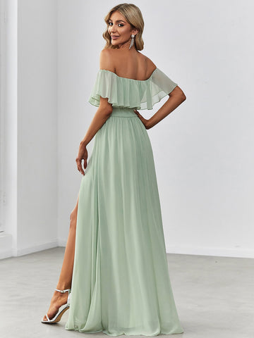 EVER-PRETTY Off Shoulder Ruffle Trim Split Thigh Chiffon Bridesmaid Dress