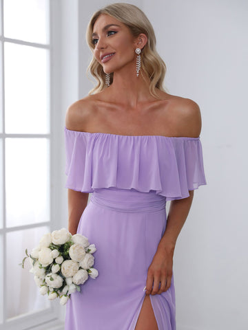EVER-PRETTY Off Shoulder Ruffle Trim Split Thigh Chiffon Bridesmaid Dress